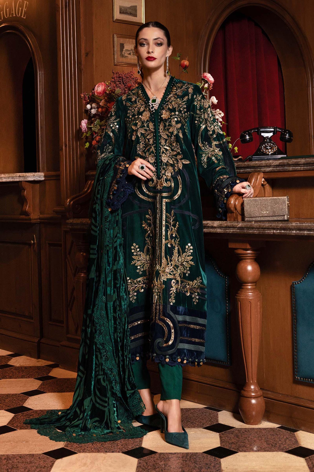 Maria B  - Winter Luxe Collecton -  Velvet Suit - Emerald Green - WL#1302